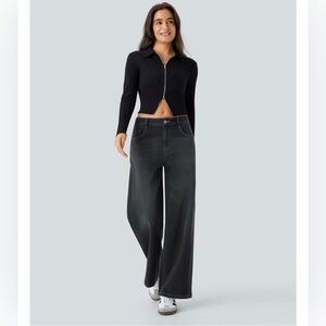 Halara Flex™ Low Rise Zipper Pockets Washed Baggy Wide Leg Casual Jeans